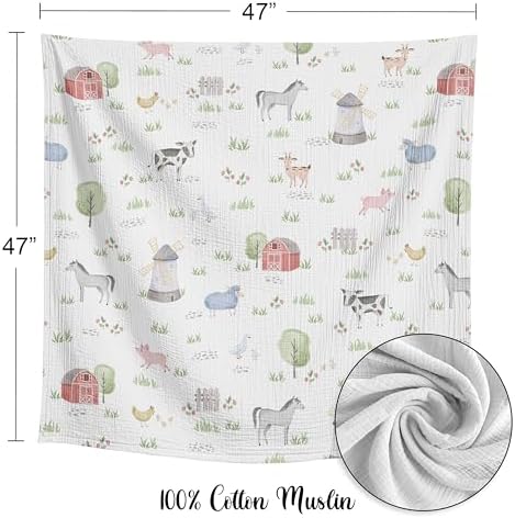 Sweet Jojo Designs 2-Piece Baby Muslin Swaddle Blanket Set (Farm Animals) for Boys & Girls, Infant Nursery, Lightweight Cotton Blanket for Newborns (Solid Sage Green, Watercolor, Farmhouse, Barn, Cow) - Image 4