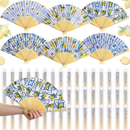 Briwooody 48 Set Amalfi Coast Lemon Hand Folding Fan with Organza Bag Bulk by Briwooody