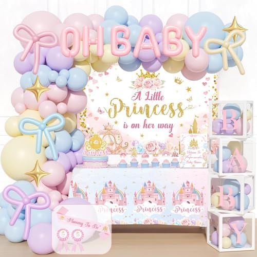 Princess Baby Shower Decorations, 156 PCs – A Little Princess Is On Her Way Party Supplies With Floral Backdrop, Pastel Balloon Garland, Oh Baby Foil Balloons, Mom to be Sash by Fiesec