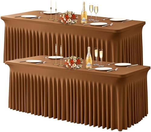 Wish Care 2 Pack Brown Spandex Table Clothes for 6 Foot Rectangle Tables, 6FT Wrinkle Free Fitted Tablecloths Ruffles Design Table Cover for Party, Banquet, Wedding and Events by WishCare