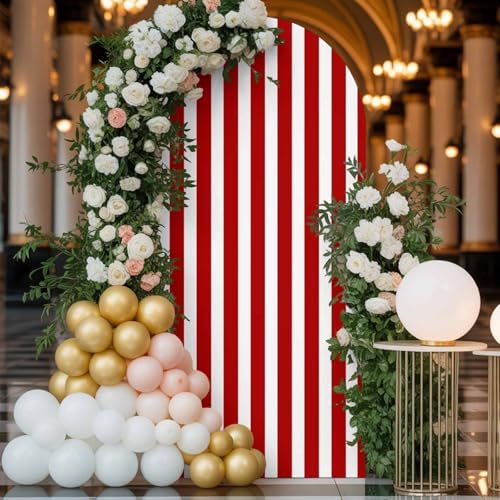 Red and White Arch Backdrop Cover 7.2 FT, Farmhouse Red White Stripes Geometric Wedding Arch Cover Stretchy Backdrop Stands Covers for Birthday Party Ceremony Banquet Decor - Image 4