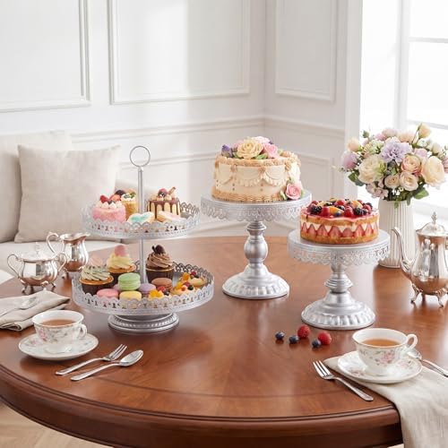 Lallisa 8 Pcs Cake Stands Set Metal Dessert Table Display Tiered Cupcake Holder Candy Donut Fruit Plate Cake Serving Tray with Handle Treats Serving Tower for Wedding Birthday Party (Sliver) - Image 2