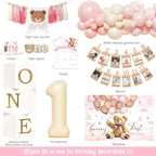 Hombae Beary First Birthday Decorations for Girl, Teddy Bear 1st Birthday Party Supplies, Pink Ivory Balloon Garland, Girl Baby Photo Banner, Bear Birthday Themed Decor Party Pack - Image 2