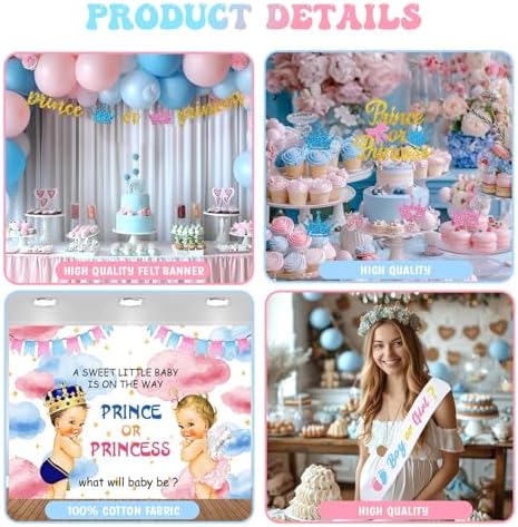 Prince or Princess Gender Reveal Decorations, Baby Boy or Girl Gender Reveal Party Decorations, What Will Baby Be Backdrop Balloon Banner Tablecloth Cake Cupcake Topper Box Sash Pink Blue - Image 4