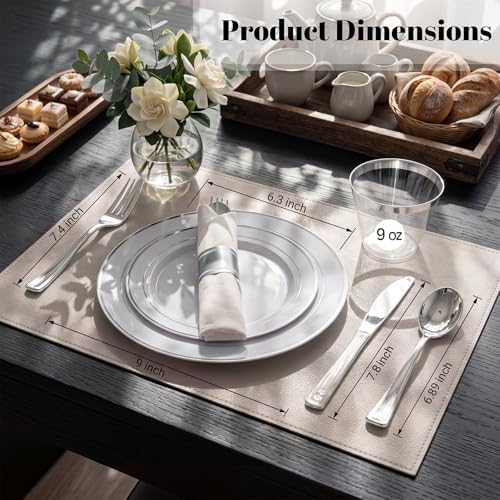 WDF Partyware 350Piece Silver Plastic Dinnerware Set for 50 Guests - Silver Plastic Plates with Cutlery Include:50Dinner Plates-50Dessert Plates-50Pre Rolled Napkins with Silverware Party Wedding - Image 2