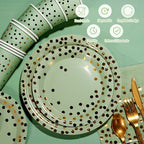 350pcs Sage Green Paper Plates and Napkins Set, Disposable Sage Green and Gold Polka Dot Party Plates Cups For Baby Shower Birthday Wedding Party Supplies and Decorations, Serve 50 - Image 3