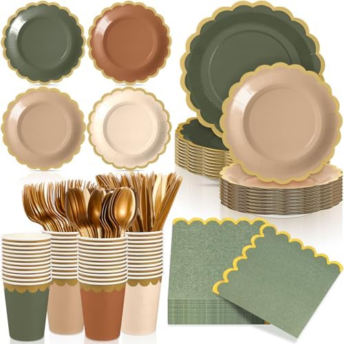 Mimorou 169 Pcs Sage Green and Brown Plates Napkins Cups Flatware Set by Mimorou