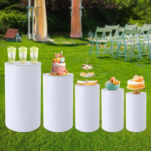 5PCS White Round Cylinder Pedestal Stands Display 19.7''+21.6''+23.6''+29.5''+35.4'' Height PVC Cylinder Tables for Party Cake Flower Backdrop Dessert Pillars for Birthday Wedding Baby Shower Event Decoration - Image 4