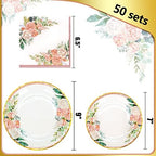 Boosolo Floral Party Supplies - Paper Plates and Napkins Sets for 50 Guests - Include Floral Party Disposable Paper Dinner Plates, Napkins for Baby or Bridal Shower, Birthday, Wedding - Image 2