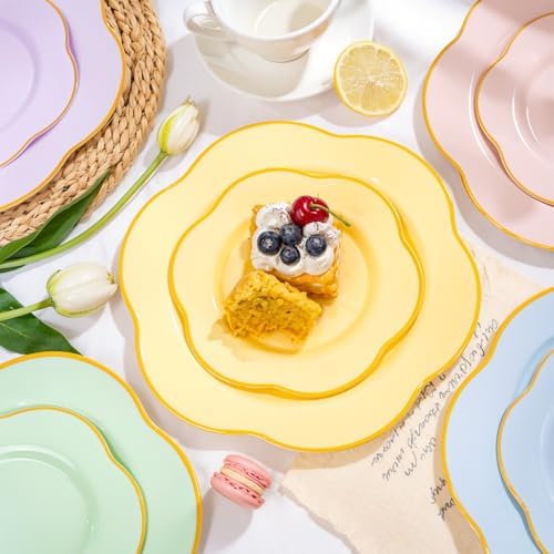 Liacere 50PCS Yellow Plastic Plates - Heavy Duty Yellow Disposable Plates -Yellow and Gold Plates Include 25PCS 7inch Desert Plates and 25PCS 10inch Dinner Plates for Party & Baby Shower & Wedding - Image 3