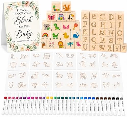 117 Pcs Baby Shower Blocks to Decorate Game Kit, 52 Wooden Baby Blocks for Baby Shower Games, 24 Acrylic Markers, 10 Stencils, Game Sign, DIY Baby Shower Activity & Gender Reveal Decor, Floral by Unknown