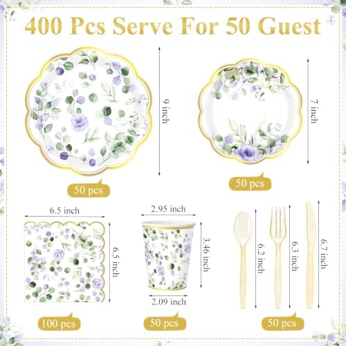 400 Pcs Sage Green Plate and Napkin Party Supplies, Purple, Mild - Image 3