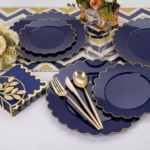 LIYH 210pcs Navy Blue & Gold Scalloped Plastic Plates, Premium Dinnerware - Image 4