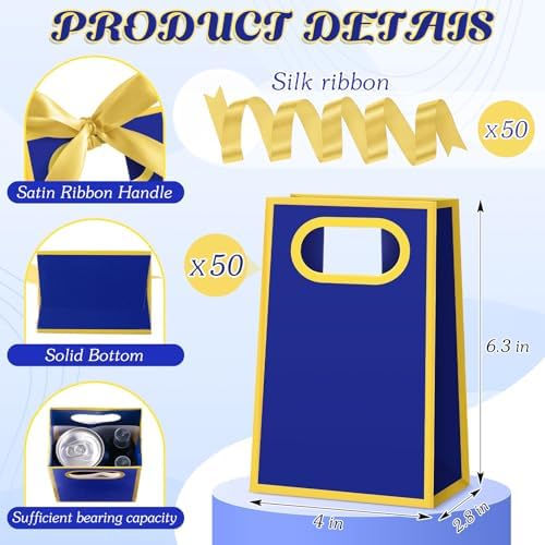 AmazingSpark 50 Pcs Royal Blue Gold Mini Gift Bags Bulk 6.3 x 3.9 x 2.8 Inch Party Favors Elegant Small Gift Bags with Handles and Ribbon Bows for Wedding Birthday Bridal Baby Shower Party Favors - Image 2