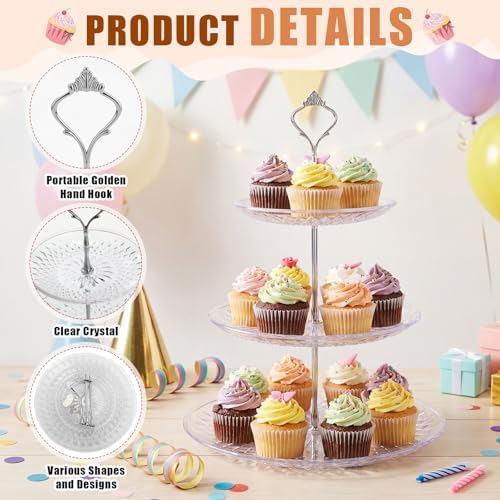 Patelai 8 Packs 3 Tier Acrylic Cake Stand with Round Holder 3 Tier Serving Tray Acrylic Crystal Cupcake Stand Holder for Home Wedding Birthday Baby Shower Tea Party Favors(Clear, Silver Crown) - Image 4
