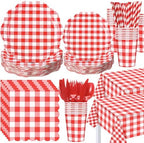 Funnymoom 452 Pcs Red Gingham Party Supplies for 50, Red and White Gingham Checkered Paper Plates Napkins Cups Tablecloth Cutlery Straws for Birthday Family Picnic Camping Barbecue Party Decoration by Funnymoom