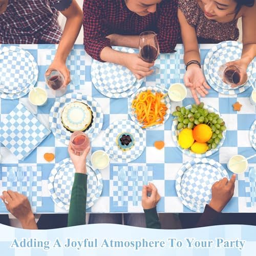 Funnymoom 452 Pcs Light Blue and White Gingham Party Supplies for 50, Blue Checkered Gingham Paper Plates Napkins Cups Tablecloth Cutlery Straws for Baby Shower Picnic Camping Birthday Decoration - Image 6
