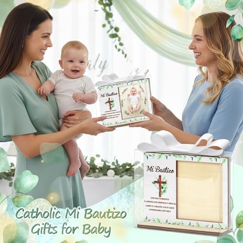 CJiangpo Spanish Baptism Picture Frame - 12 Set Catholic Mi Bautizo Gifts for Baby, Baby Shower Favor Cross Wood Photo Frame with Bows and Clear Plastic Boxes Religious First Communion keepsake - Image 6
