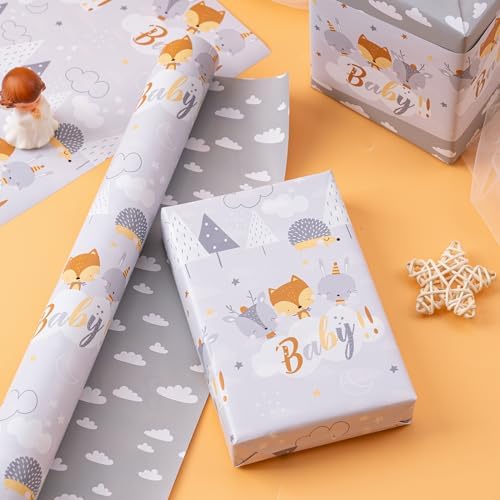 WRAPAHOLIC Jumbo Reversible Baby Shower Wrapping Paper - 30 Inch x 100 Feet Jumbo Roll - Grey Animal Design Neutral Baby Shower, Boys Girls Kids Birthday - Image 4