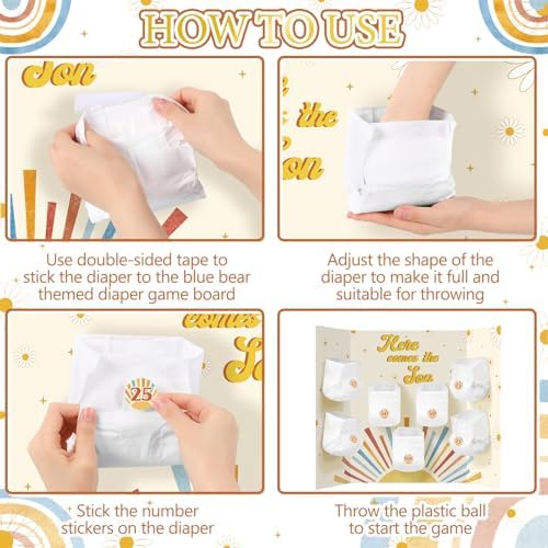 Ctosree 31 Pcs Here Comes the Sun Theme Baby Shower Diaper Game 1 Diaper Baby Shower Game Board 7 Diapers 10 Plastic Balls 1 Organza Bag for Bridal Games Boy Girl - Image 4