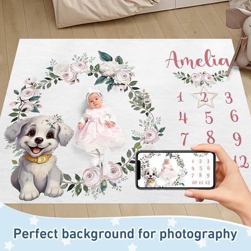 Personalized Baby Milestone Blanket for Boys Girls Baby Month Blanket- First Year Calendar Monthly Growth Chart - White Dog Print Halloween Birthday Gifts for Infant Todder - Image 2