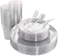 WDF 150pcs Silver Plastic Plates Disposable - Winter Wonderland Party Decorations include 50 Dinner And Salad Plates,25 Forks, 25 Knives, 25 Spoons& 10oz Plastic Cups by WDF