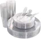 WDF 150pcs Silver Plastic Plates Disposable - Winter Wonderland Party Decorations include 50 Dinner And Salad Plates,25 Forks, 25 Knives, 25 Spoons& 10oz Plastic Cups by WDF