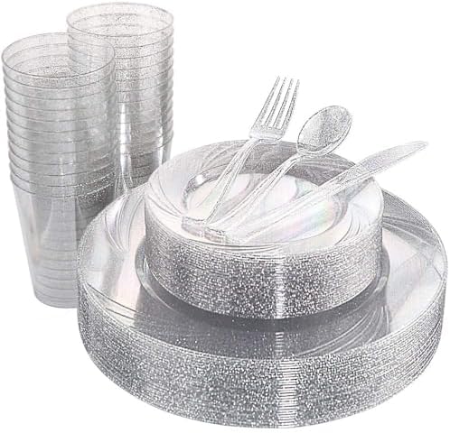 WDF 150pcs Silver Plastic Plates Disposable - Winter Wonderland Party Decorations include 50 Dinner And Salad Plates,25 Forks, 25 Knives, 25 Spoons& 10oz Plastic Cups by WDF