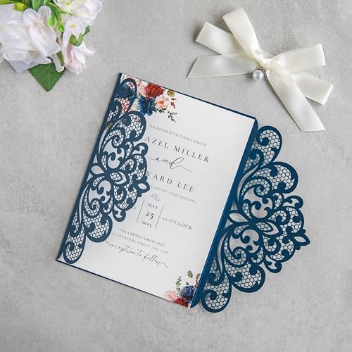 20Pcs Personalized Wedding Invitation, Customized Navy Blue Laser Cut Invitation Cards With Envelopes Rhinestone Pearls and Ribbons For Wedding XV Anos Quinceanera Invitation - Image 5