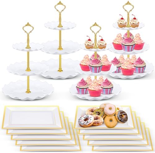 Willinglong 14 Pcs Dessert Table Stands Set 3 Tier Plastic Cupcake Stands Cookie Display Tower Gold Rim Dessert Serving Tray for Party Wedding Birthday Bridal Baby Shower (White and Gold) by Willinglong