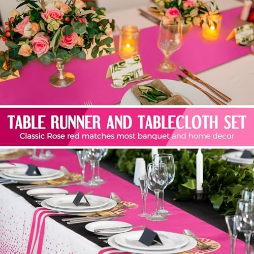 Tudomro 16 Pack White and Hot Pink Plastic Tablecloths Satin Runner Set - Image 5