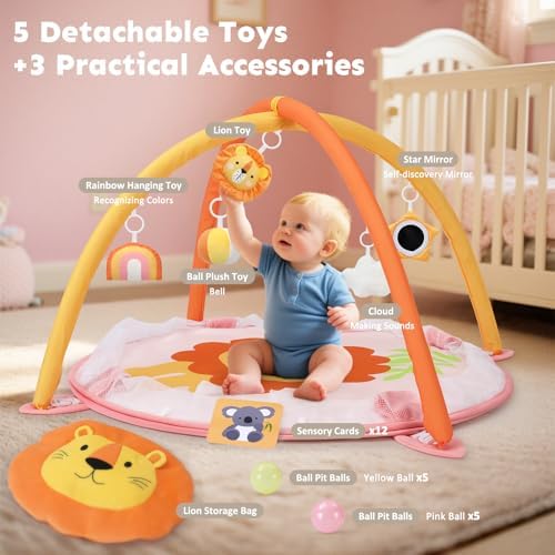 7-in-1 XL Large Baby Play Gym Mat, Tummy Time Mat, Baby Gym & Ball Pit, Baby Activity Mat with Milestone Cards & 6 Detachable Toys for Sensory Motor Skill, Lion - Image 3