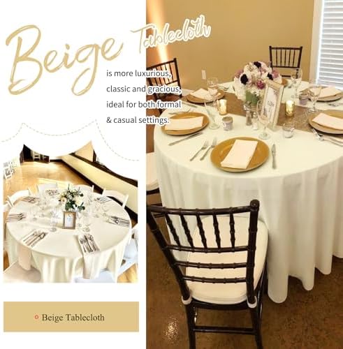 Showgeous 120 Inch Beige Round Tablecloths, Polyester Table Covers - Image 3