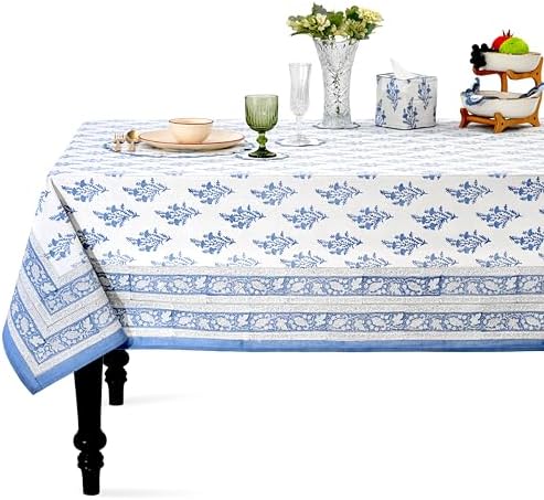 Ridhi Block Print Coastal Blue Rectangle Cotton Tablecloth 90" x 60" Reusable Table Cover Decorative Everyday Use for Dining, Farmhouse, Home Gift for Spring, Easter, Valentine by Ridhi