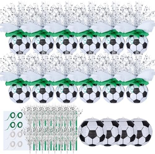 72 Pieces Soccer Paper Lanterns Centerpieces Decorations 8'' Soccer Lanterns Table Centerpieces with Metallic Foil Centerpiece Wrapping Paper and Ribbons for Soccer Birthday Party (72 PCS, Soccer) by Unknown