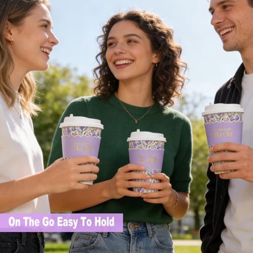 50 Pack Purple Watercolor Floral Disposable Coffee Cups with Lids & Sleeves, 16oz Premium To Go Paper Cups for Birthday, Wedding, Baby Shower, Bridal Shower, Brunch, Cafés & Party Supplies - Image 5