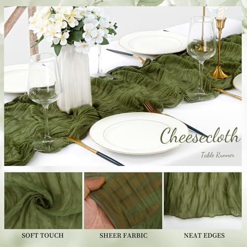 20 Pack Olive Green 10FT Cheesecloth Table Runner Rustic Gauze Cheese Cloth Table Runner for Wedding Bridal Baby Shower Table Decorations Boho Fabric Sheer Birthday Party Decor 20 x 120 Inch Long - Image 3