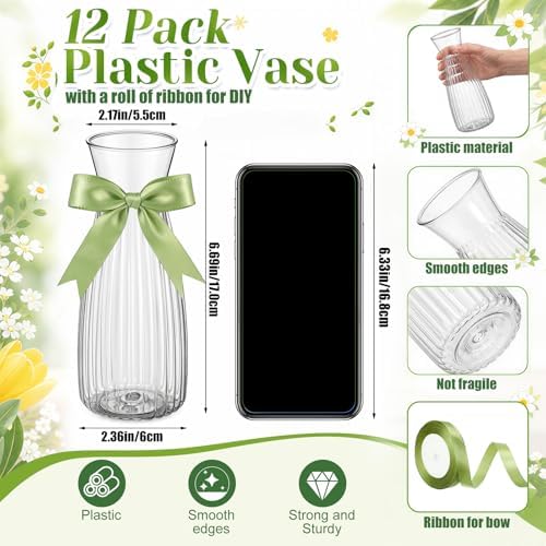 LemonRoad 12 Pcs Vintage Plastic Vases for Centerpieces Small Clear Flower Bud Vase with Sage Green Ribbon for Farmhouse Wedding Housewarming Birthday Party Rustic Home Tabletop Decoration - Image 2