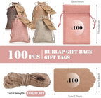 Woanger 100 Pcs Drawstring Burlap Gift Bags 4x6'' with Tags, Brown Pink Mix - Image 3
