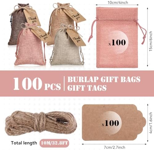 Woanger 100 Pcs Drawstring Burlap Gift Bags 4x6'' with Tags, Brown Pink Mix - Image 3