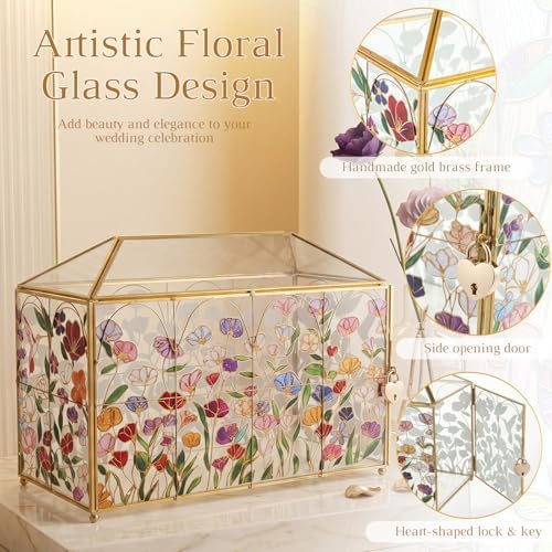 Patelai Hand Painted Floral Stained 12.6 Inch Large Wedding Glass Card Box - Image 3