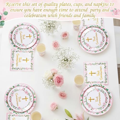 Pickmesh 250 Pcs Pink First Holy Communion Disposable Tableware Set God Bless Baptism Disposable Paper Plates Napkins and Cups for Girls Christening Celebration Baby Shower Religious Supplies Serve 50 - Image 4