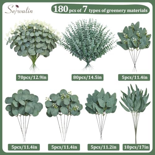 Serwalin 180 Pcs 7 Kinds Mixed Artificial Eucalyptus Stems Faux Greenery - Image 2