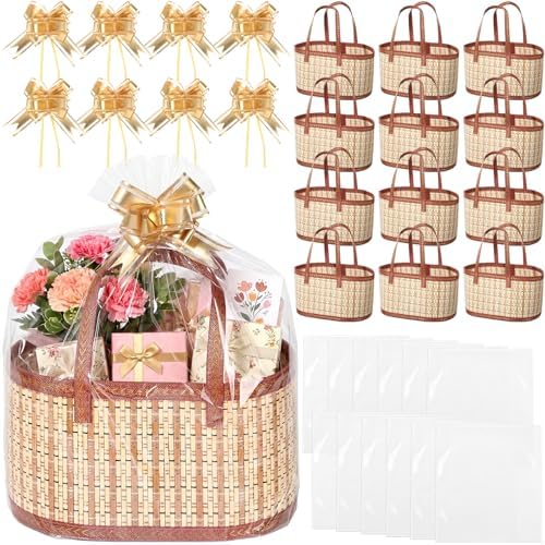 Reallnaive 12 Set Gift Basket Empty Woven Bamboo Storage Baskets with Clear Gift Bags Pull Bows Ribbon Foldable DIY Gifts Basket Kit with Handle for Baby Shower Housewarming by Reallnaive
