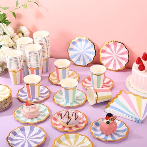 Yungyan 216 Pcs 72 Guests Pastel Paper Plates and Napkins 9 oz Party Cups 6" Scalloped Pastel Dessert Plates Colorful Stripe Disposable Tableware Set for Birthday Ice Cream Carnival Party Supplies - Image 5
