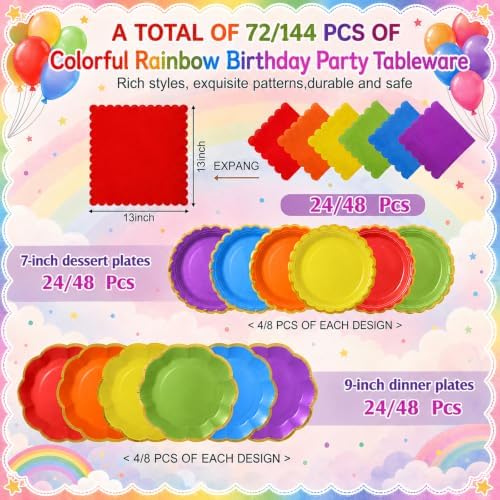 144 Pcs 48 Guests Rainbow Party Supplies Paper Plates and Napkins - Image 2