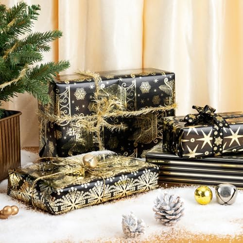 WRAPAHOLIC 30 Inch Christmas Wrapping Paper Roll - Jumbo Roll Black Gold Christmas Sleigh Holiday Design with Metallic Foil Shine - 4 Rolls - 30 Inch x 120 Inch Per Roll - Image 3