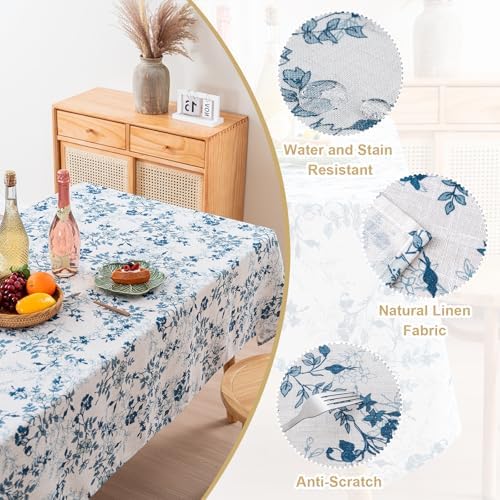 H.VERSAILTEX Linen Table Cloths Floral Printed Tablecloth Spill-Proof Waterproof Table Cover for Dining Buffet Feature Soft and Thick Fabric Wrinkle Free, 60 x 104 Inch, Retro Floral - Stone Blue - Image 4