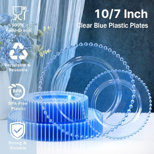 U-QE 60PCS Clear Blue Plastic Plates, Beaded Plates Disposable Heavy Duty - Image 3