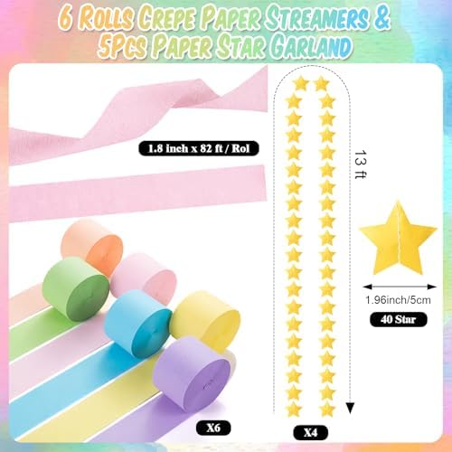 TaoBary Pastels Decorations, 6 Roll Crepe Streamers 600 Paper Chain Garland Strips 4 Star Hanging 2 Felt Pennant Flag 2 Paper Fans Garland 6 Four Leaf Clover Streamers for Birthday Party - Image 6
